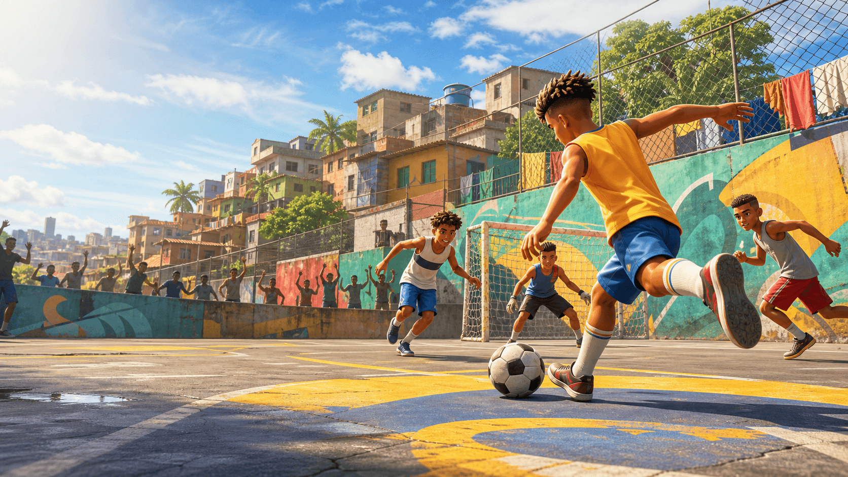 Quadra de futebol de rua brasileira com jogadores em ação